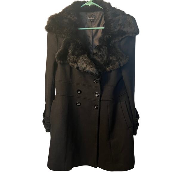 Bebe, Black Wool Jacket with Rabbit Fur Collar Size L - Picture 1 of 10